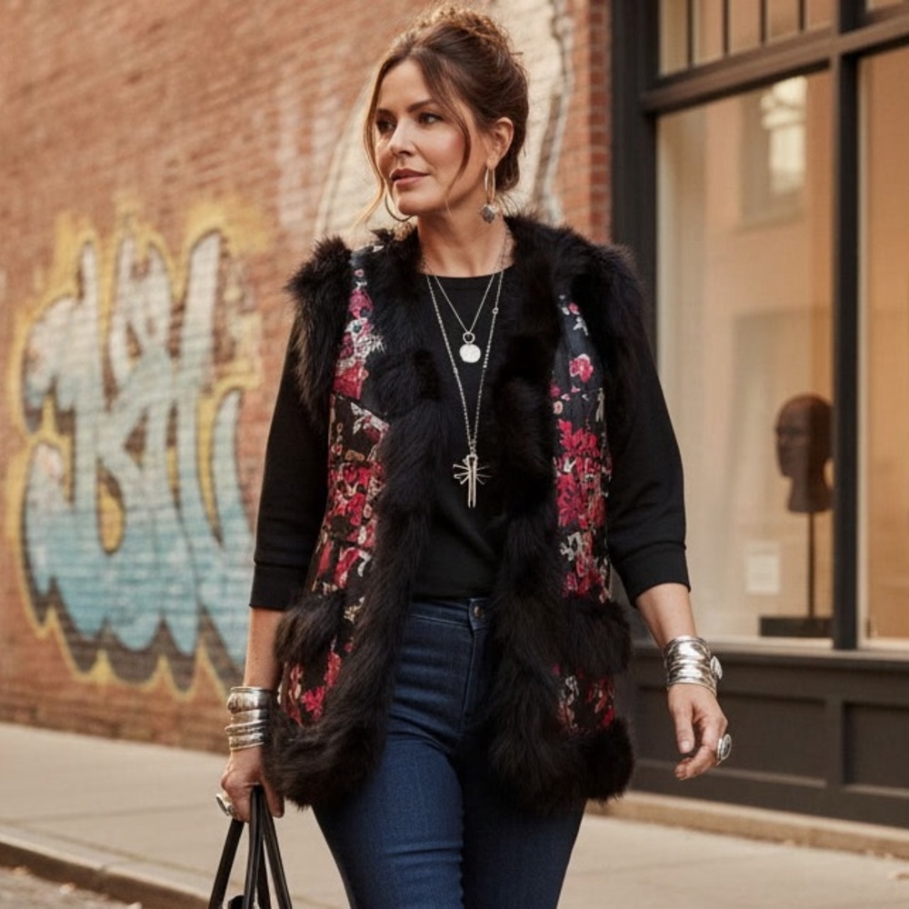 Floral Black Faux Fur Vest